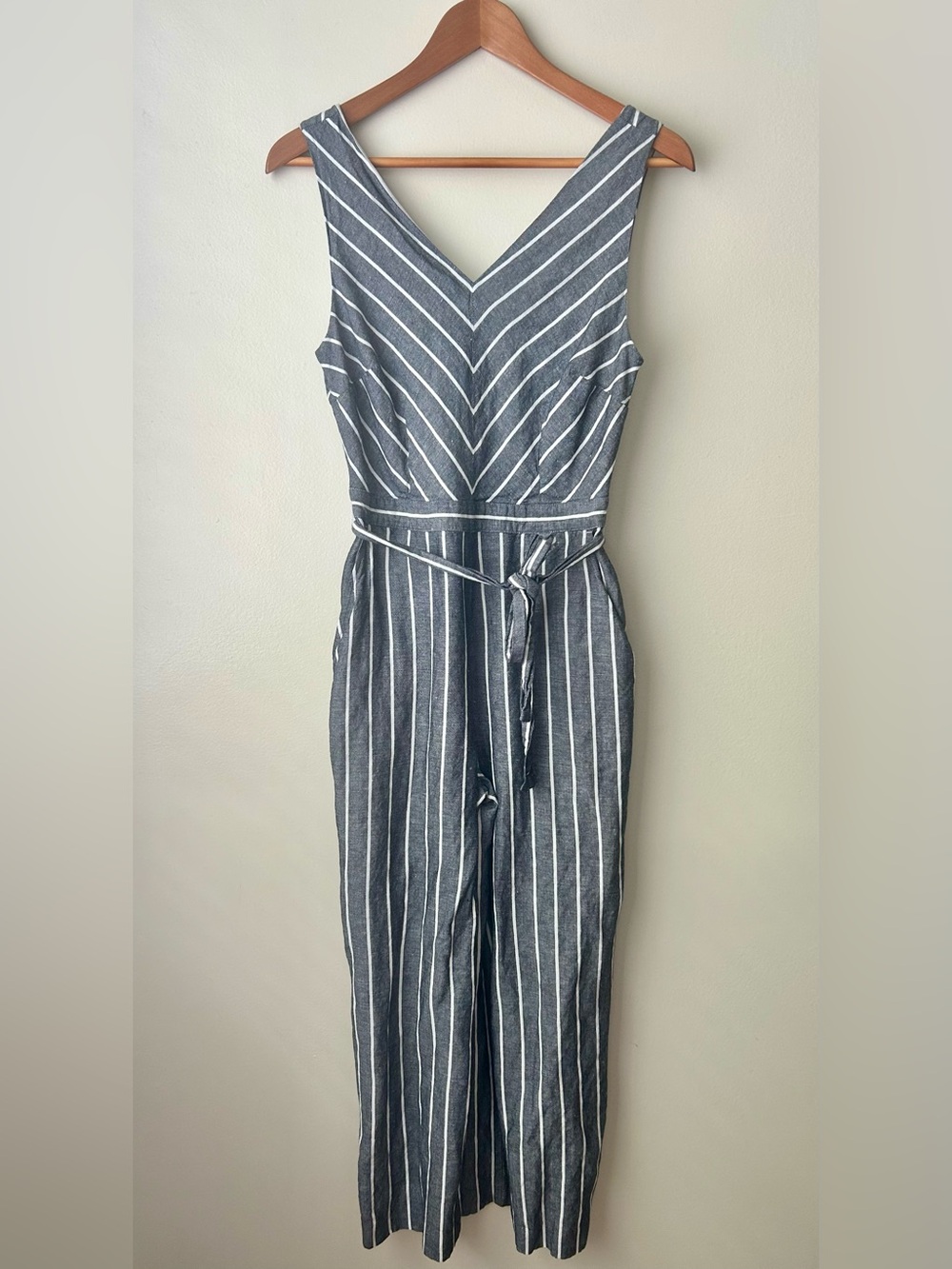 LOFT Navy & White Striped V-Neck Belted Jumpsuit